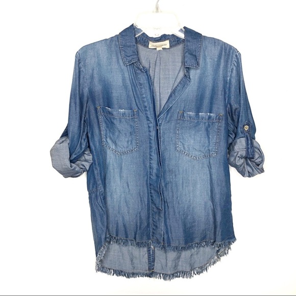 cloth & stone Chambray Raw Hem Button Shirt Blue S - Picture 3 of 11